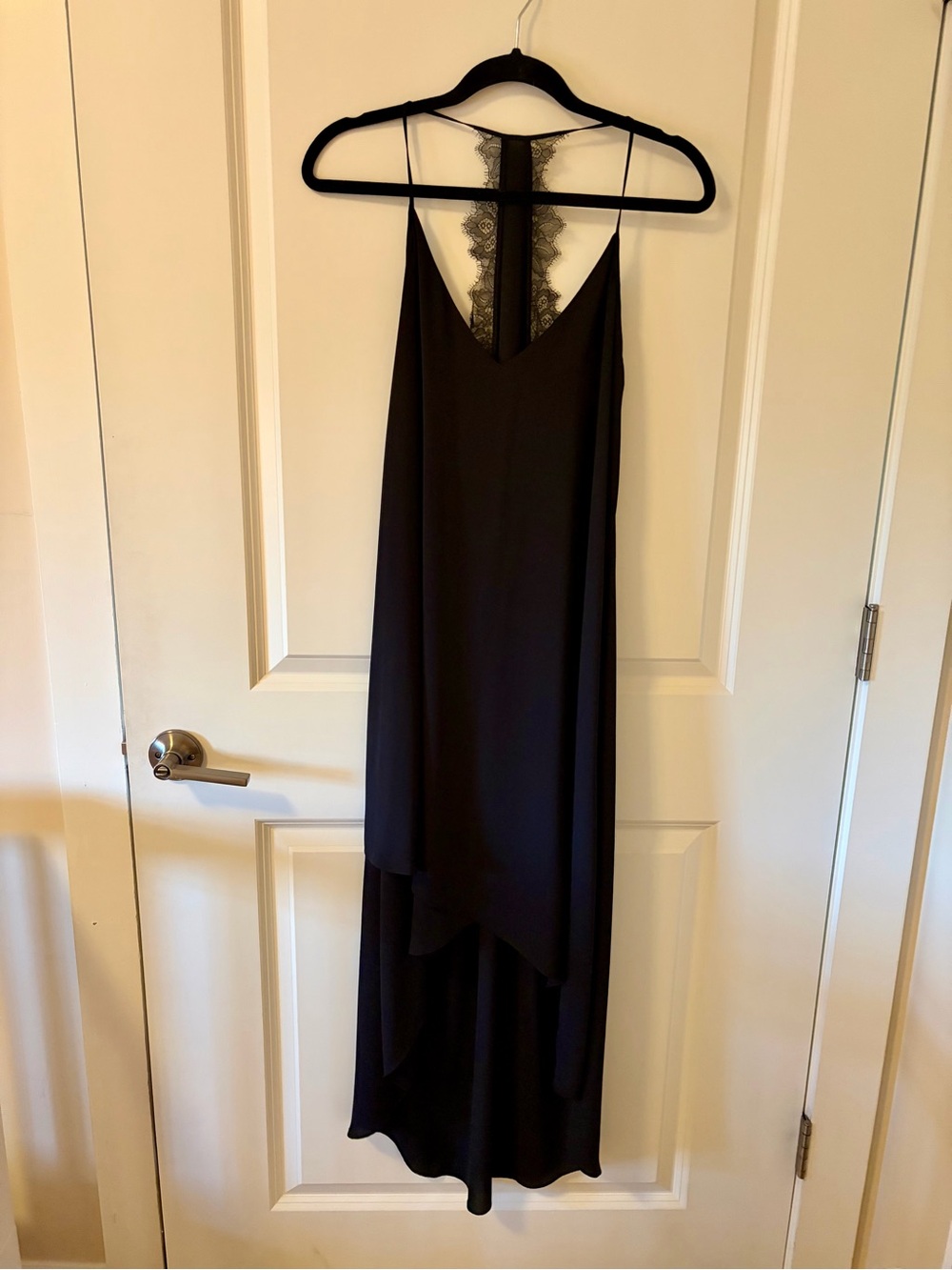 Elegant Black High-Low Slip Dress with Lace Back